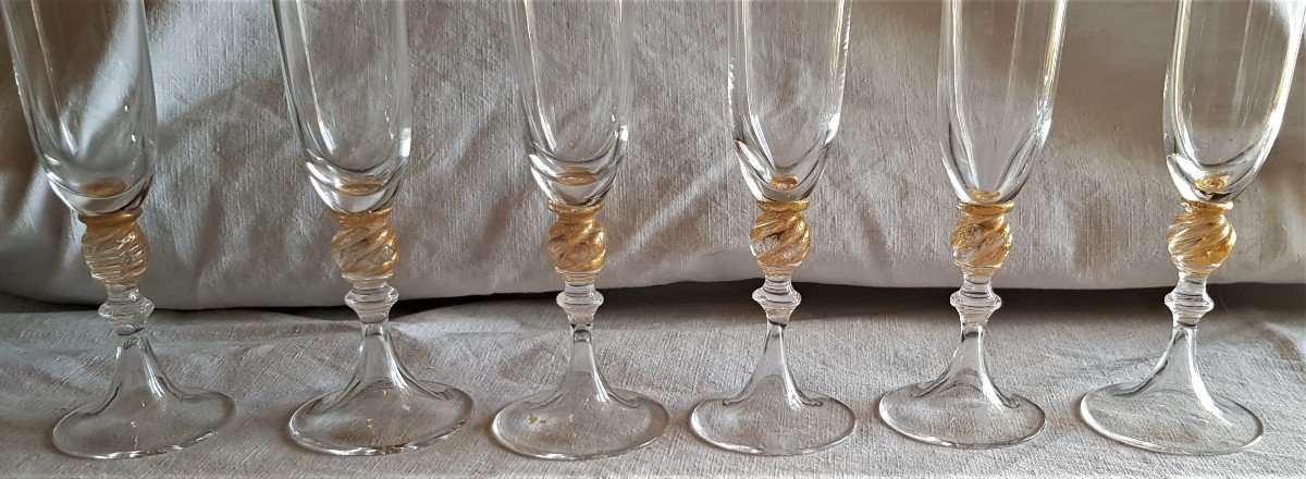 Serie di 6 flutes in vetro soffiato e inciso Nason Moretti Murano-photo-3