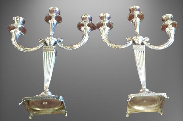 Coppia di candelabri a 3 fiamme in argento 800/1000 in stile Impero alti 40 cm-photo-4