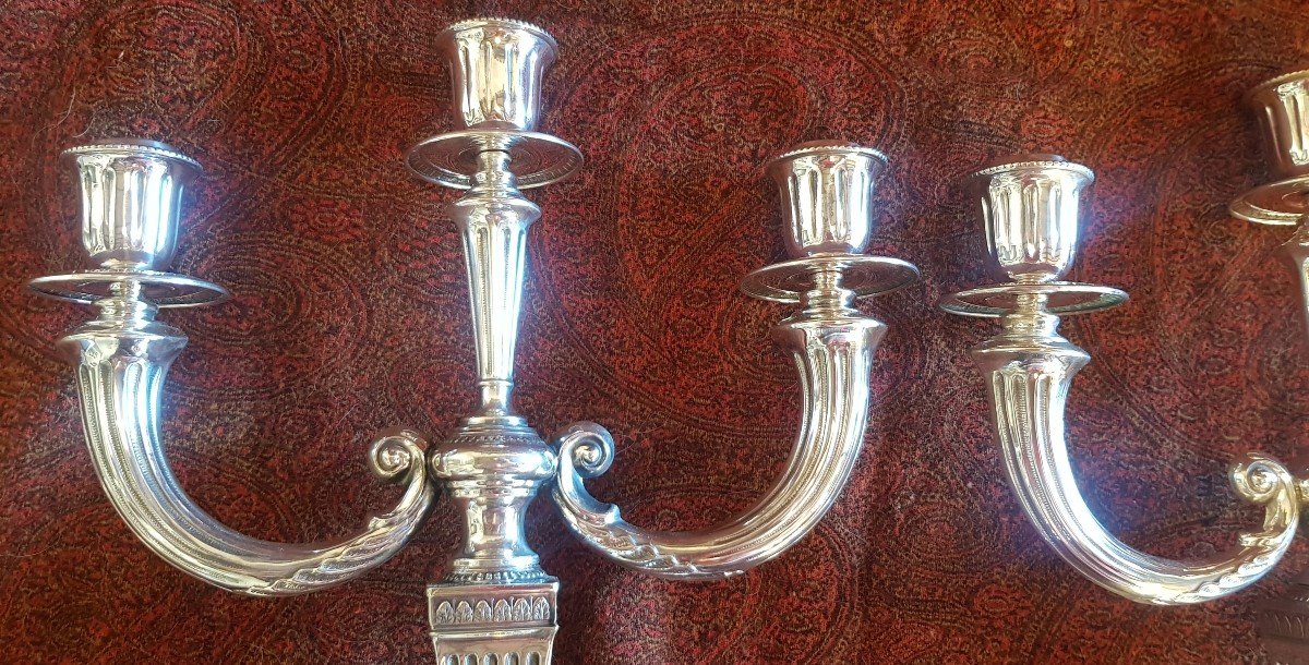 Coppia di candelabri a 3 fiamme in argento 800/1000 in stile Impero alti 40 cm-photo-1