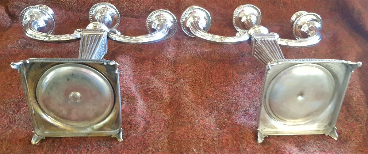 Coppia di candelabri a 3 fiamme in argento 800/1000 in stile Impero alti 40 cm-photo-2