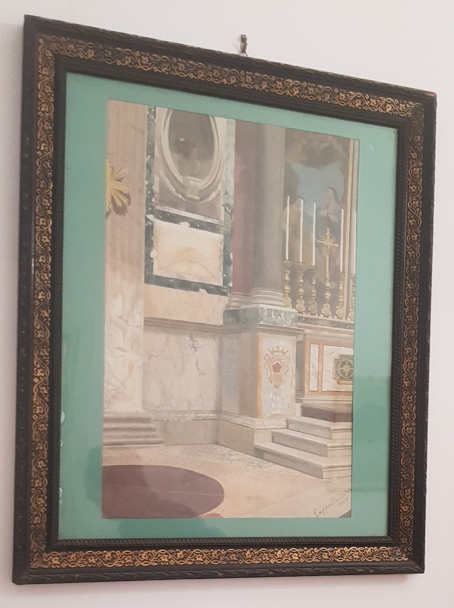 Interno di una chiesa romana acquerello su carta firmato e datato 1900 cm 58 x70-photo-2