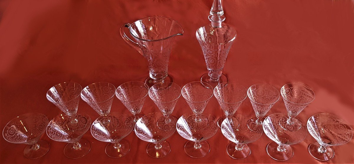 Set di 16 bicchieri + bottiglia e decanter in cristallo di Boemia serigrafato design anni '60-photo-2