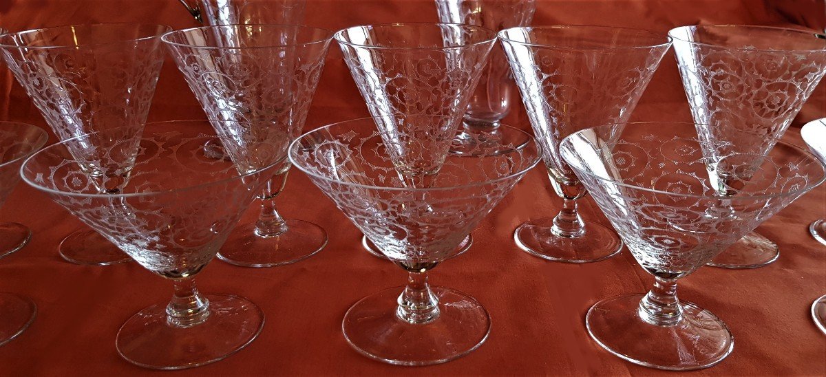 Set di 16 bicchieri + bottiglia e decanter in cristallo di Boemia serigrafato design anni '60-photo-3