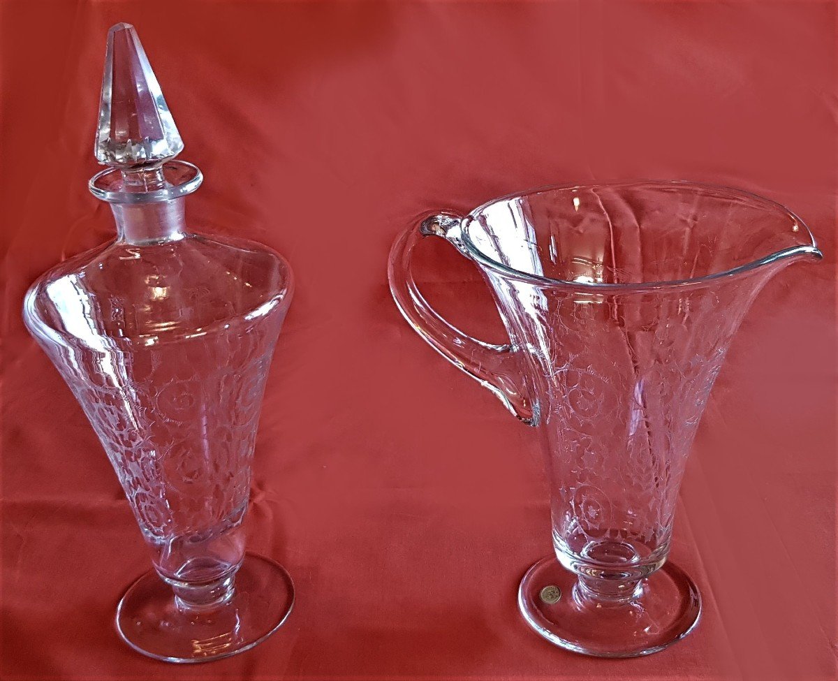 Set di 16 bicchieri + bottiglia e decanter in cristallo di Boemia serigrafato design anni '60-photo-4