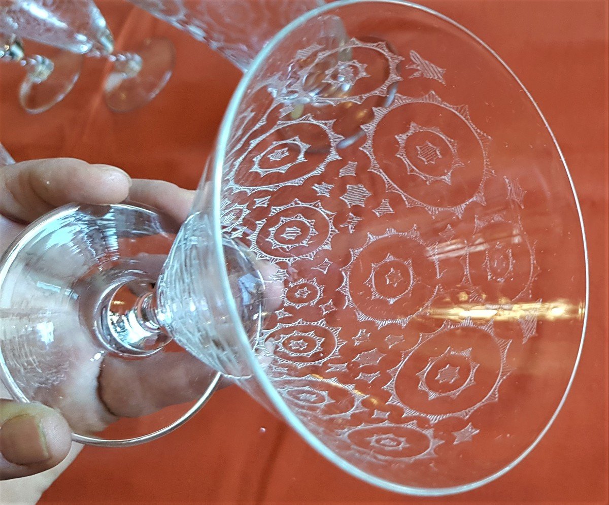 Set di 16 bicchieri + bottiglia e decanter in cristallo di Boemia serigrafato design anni '60-photo-5
