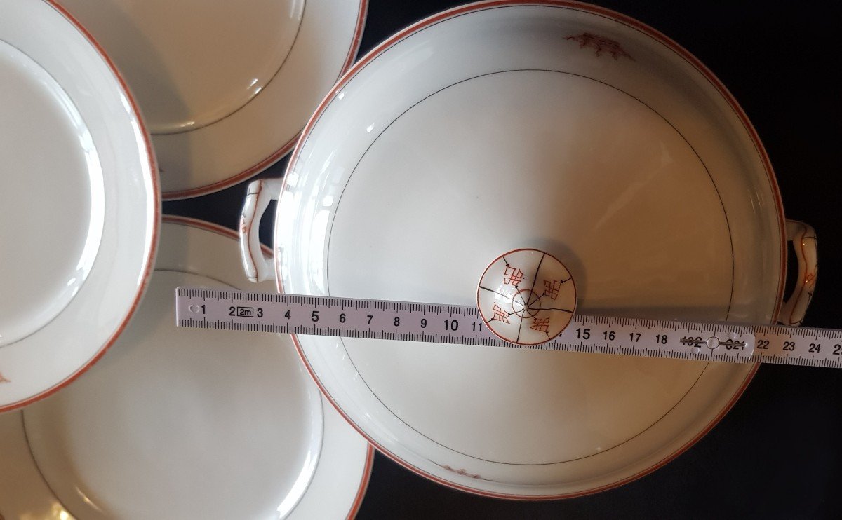 Insieme di 11 piatti e 1 zuppiera antichi in porcellana C. Garnier & cie con corona di marchese-photo-5