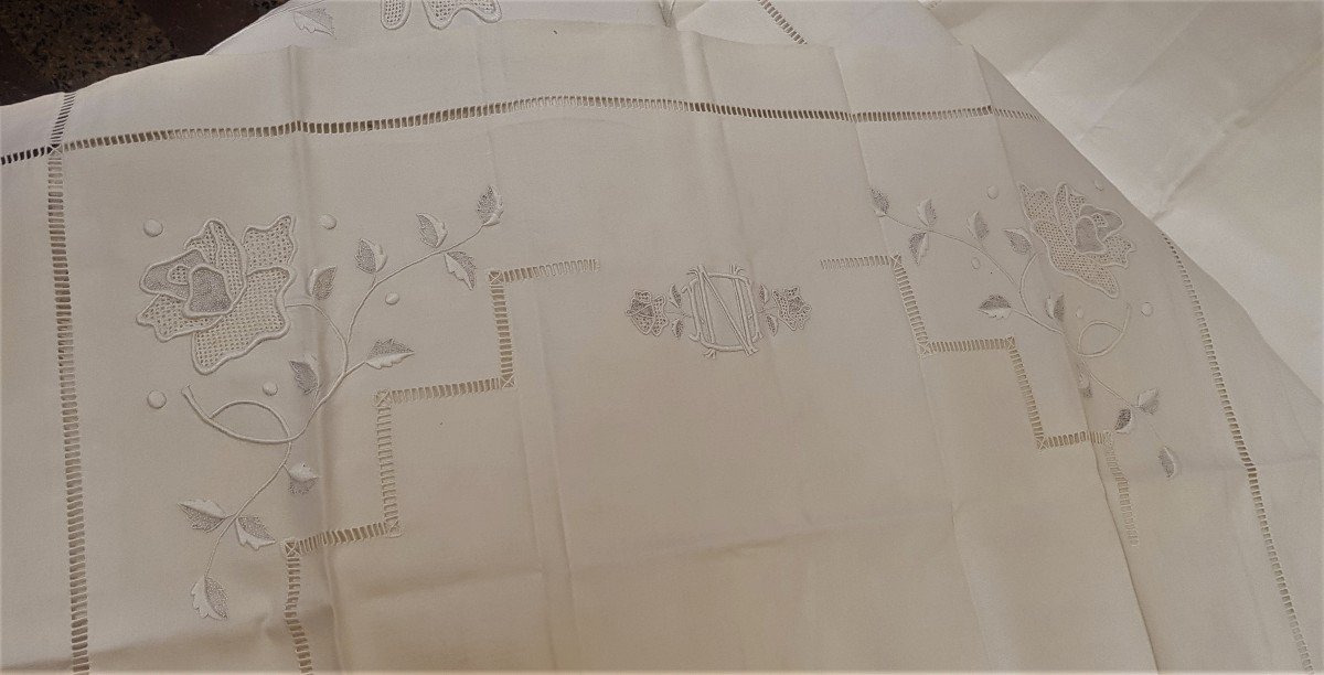 Capo di corredo antico ricamato inizio '900 lenzuolo e due federe misto lino mai usato-photo-4
