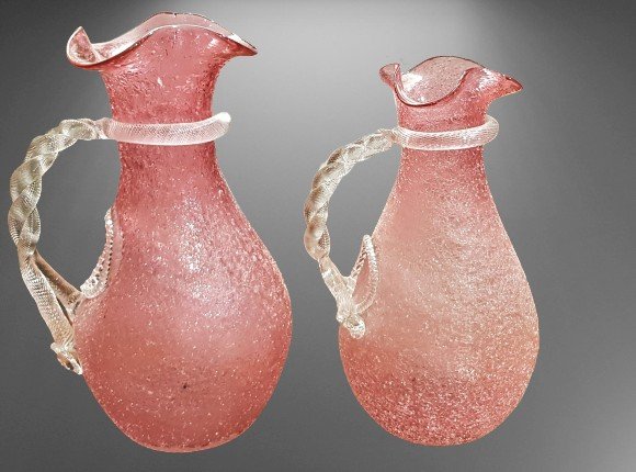 coppia  brocche decanter caraffe con riserva di ghiaccio primi '900 vetro soffiato rosa sfumato-photo-2