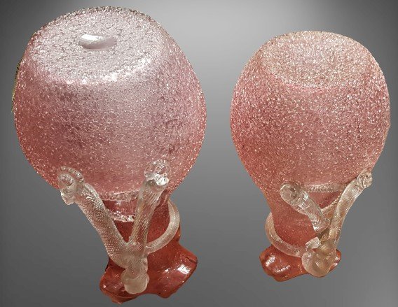 coppia  brocche decanter caraffe con riserva di ghiaccio primi '900 vetro soffiato rosa sfumato-photo-1