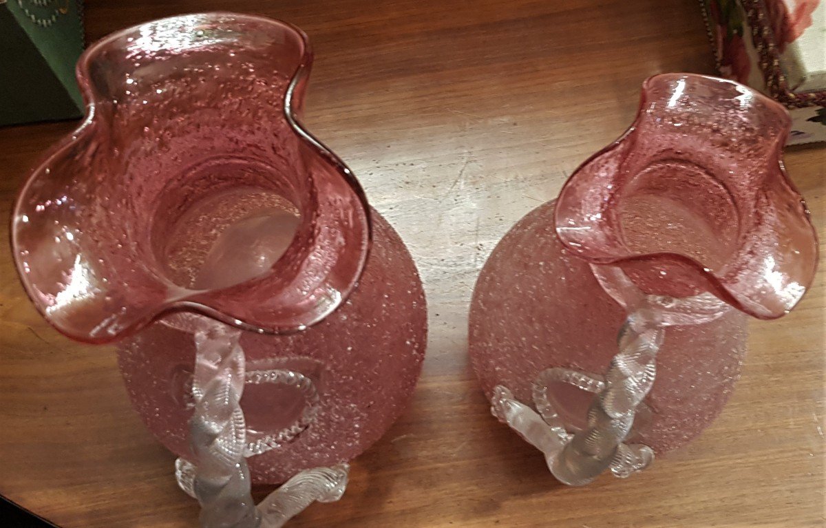 coppia  brocche decanter caraffe con riserva di ghiaccio primi '900 vetro soffiato rosa sfumato-photo-2