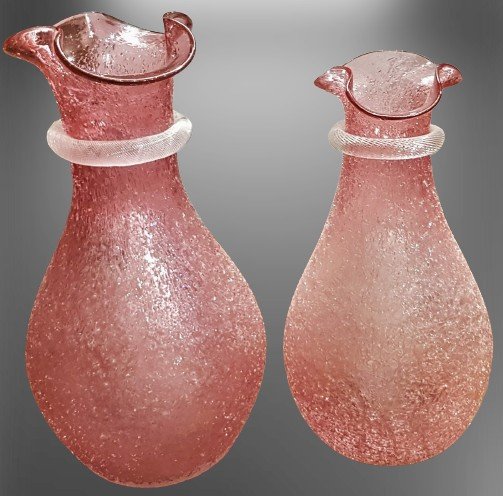 coppia  brocche decanter caraffe con riserva di ghiaccio primi '900 vetro soffiato rosa sfumato-photo-3