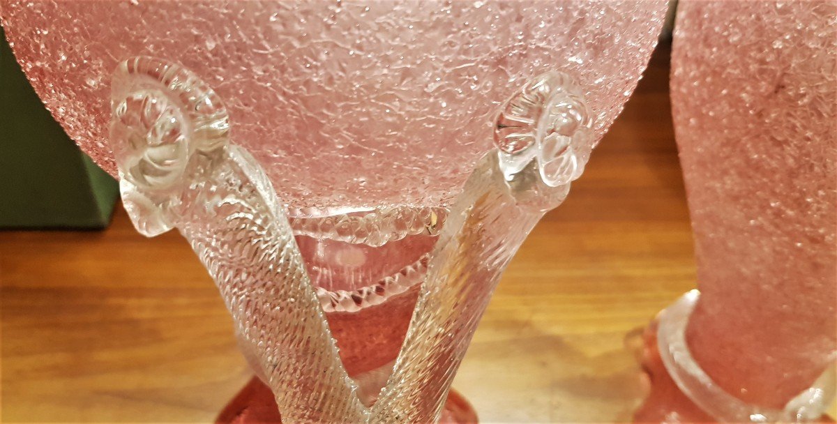 coppia  brocche decanter caraffe con riserva di ghiaccio primi '900 vetro soffiato rosa sfumato-photo-5