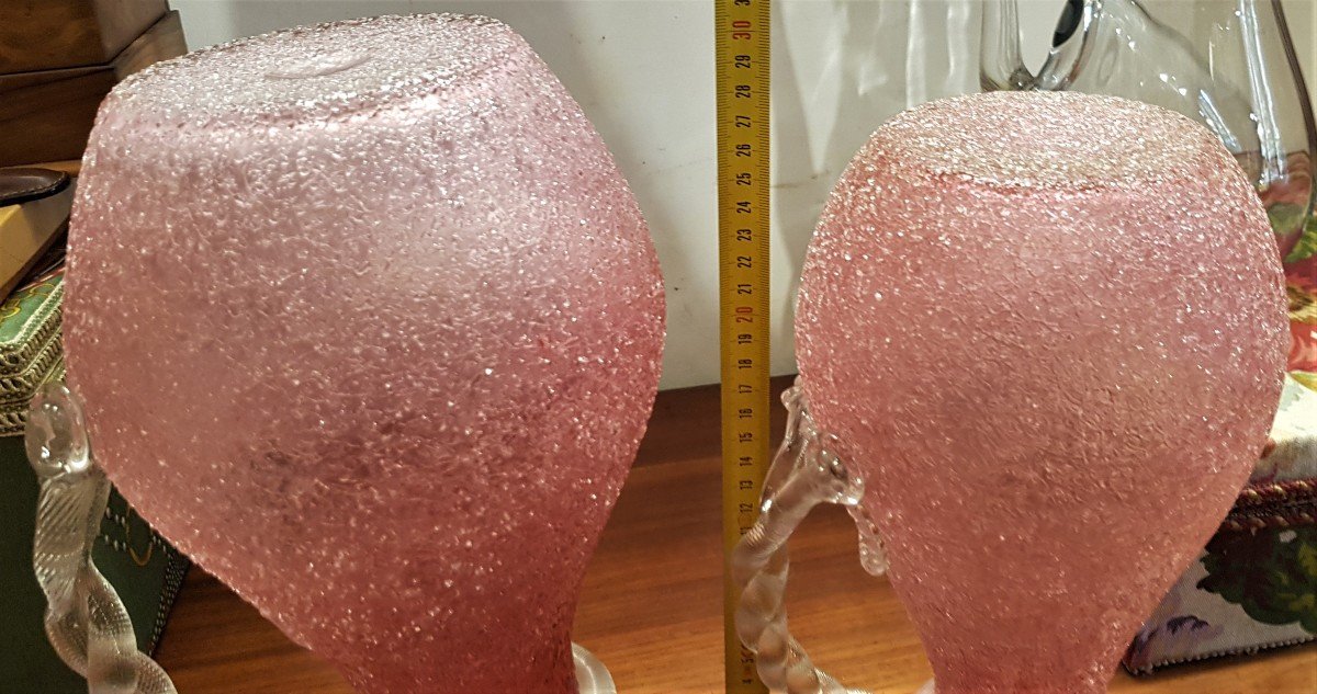 coppia  brocche decanter caraffe con riserva di ghiaccio primi '900 vetro soffiato rosa sfumato-photo-6