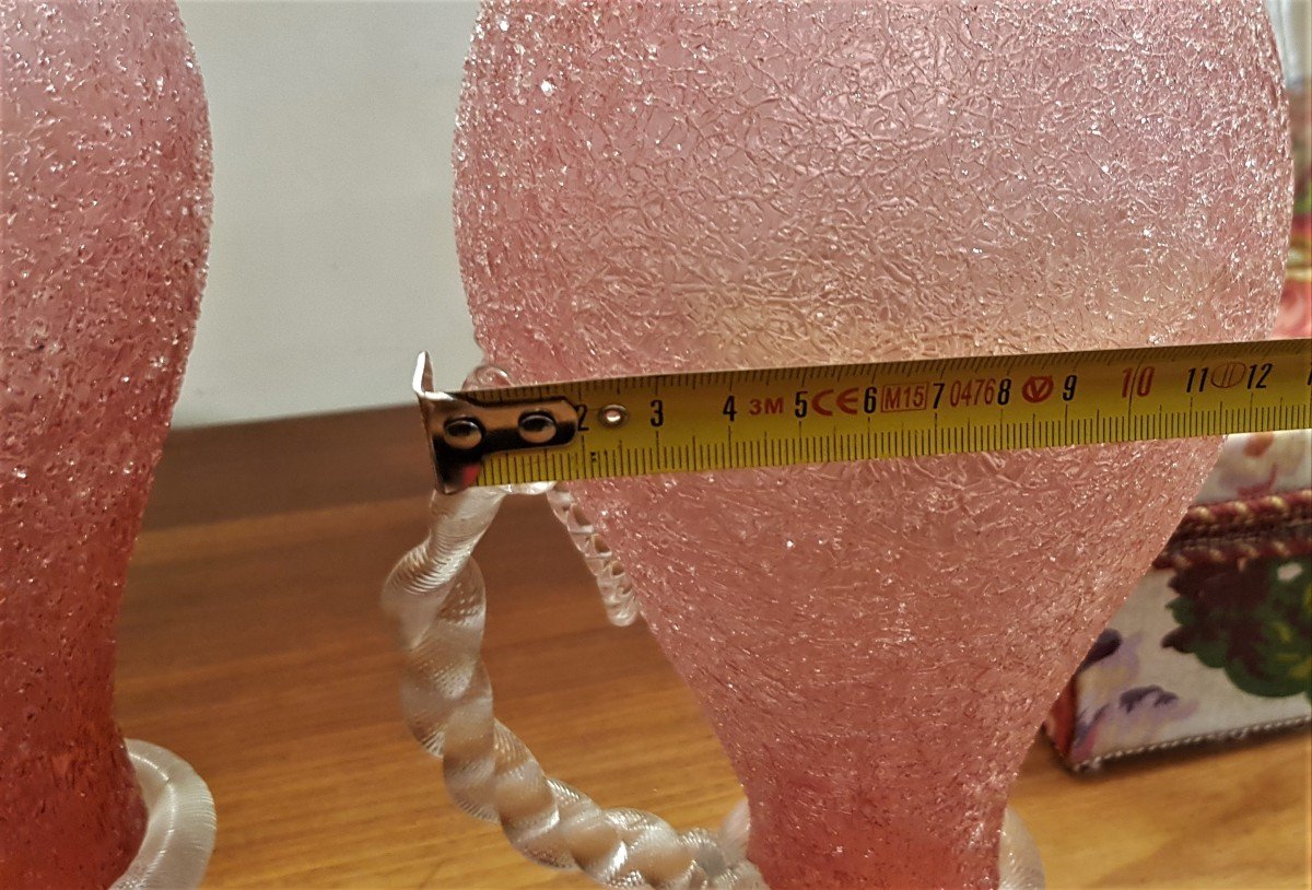 coppia  brocche decanter caraffe con riserva di ghiaccio primi '900 vetro soffiato rosa sfumato-photo-7