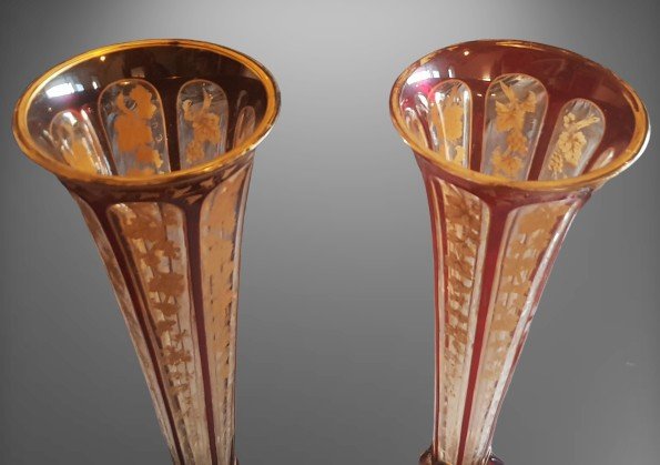coppia di grandi vasi antichi epoca Napoleone III in cristallo di Boemia con decoro rosso e oro-photo-2