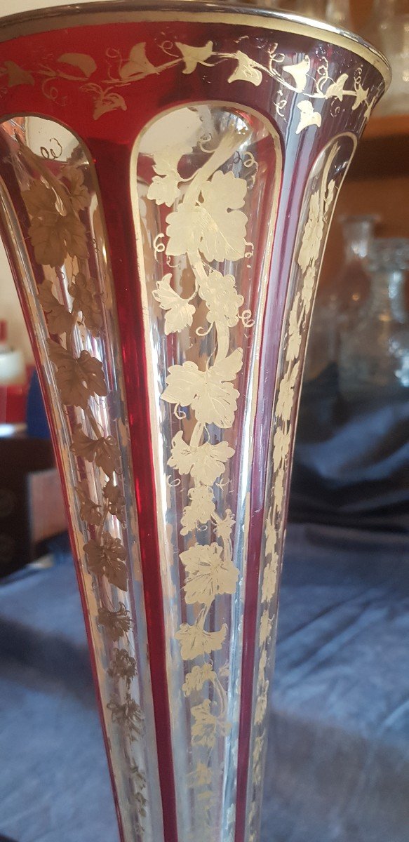 coppia di grandi vasi antichi epoca Napoleone III in cristallo di Boemia con decoro rosso e oro-photo-3