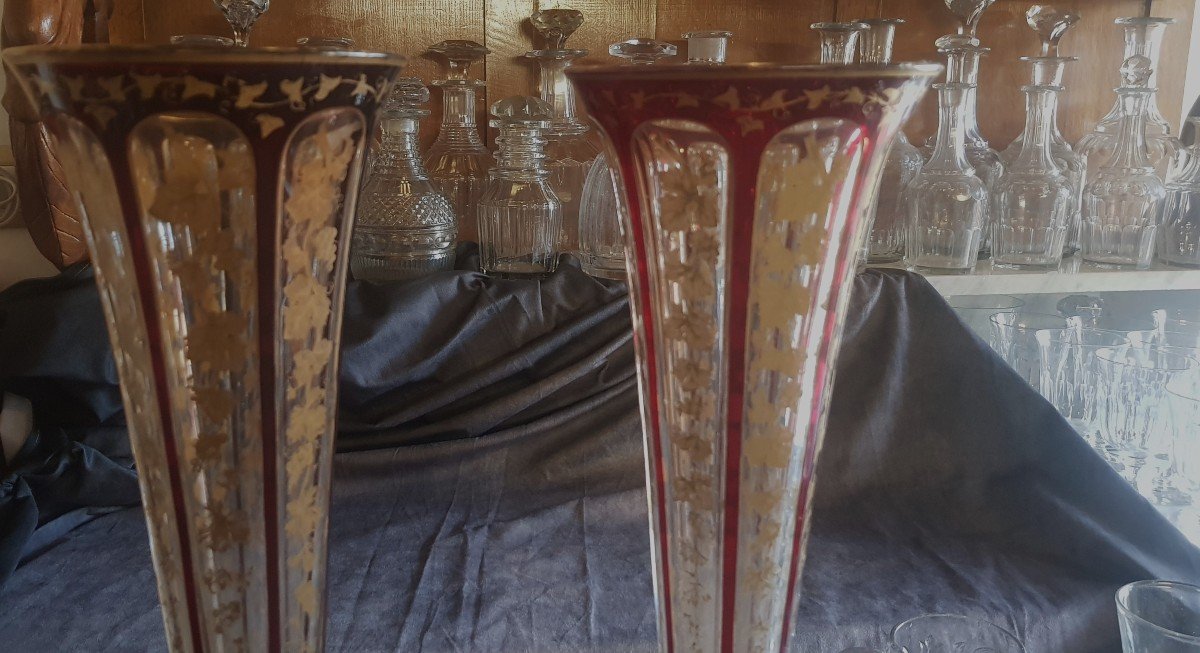 coppia di grandi vasi antichi epoca Napoleone III in cristallo di Boemia con decoro rosso e oro-photo-1