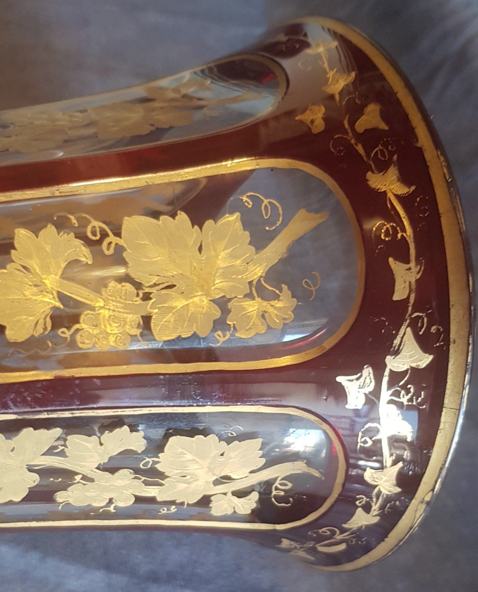 coppia di grandi vasi antichi epoca Napoleone III in cristallo di Boemia con decoro rosso e oro-photo-4