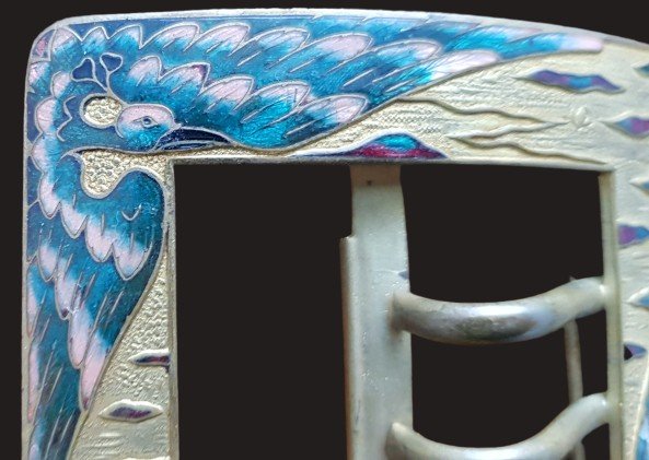 Fibbia da cintura  Art Nouveau in ottone con uccelli in smalto cloisonné-photo-2