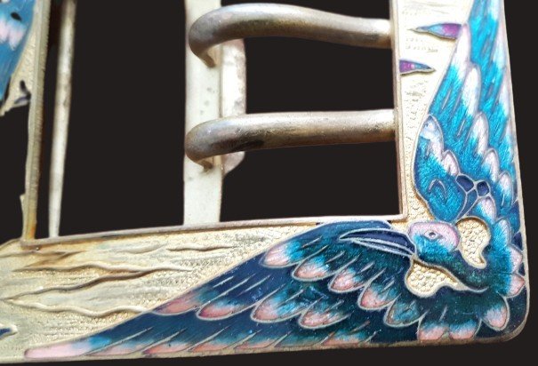 Fibbia da cintura  Art Nouveau in ottone con uccelli in smalto cloisonné-photo-3
