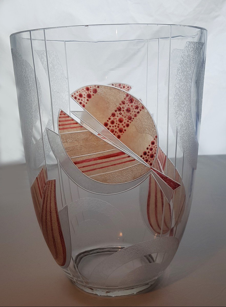 Vaso Art dDecò con decoro geometrico di foglie stilizzateinciso all'acido -photo-3