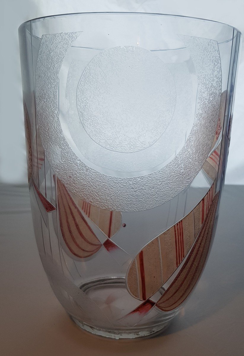 Vaso Art dDecò con decoro geometrico di foglie stilizzateinciso all'acido -photo-1