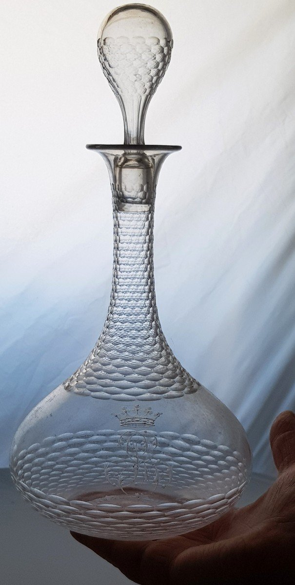 Coppia Di Vecchie Bottiglie Di Caraffe In Cristallo Molato Corona Di Marchese E Monogramma-photo-3
