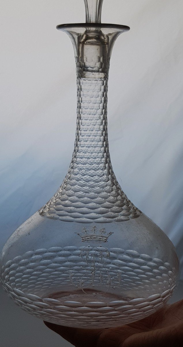 Coppia Di Vecchie Bottiglie Di Caraffe In Cristallo Molato Corona Di Marchese E Monogramma-photo-4