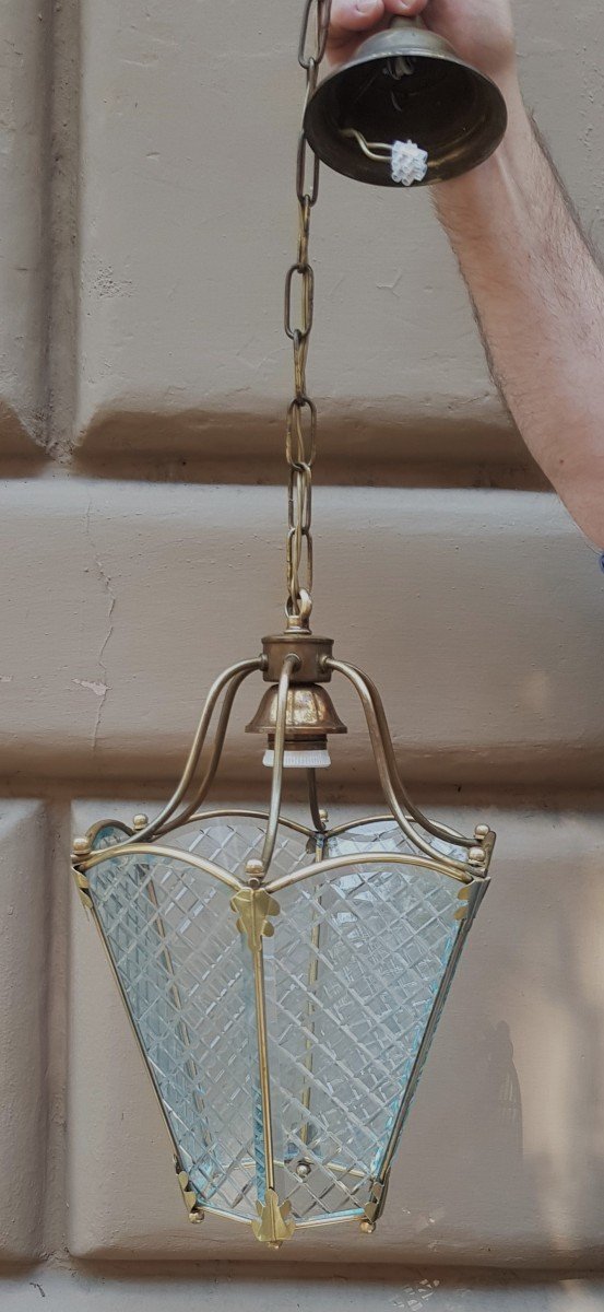 Antica lanterna da ingresso in cristallo e ottone-photo-2