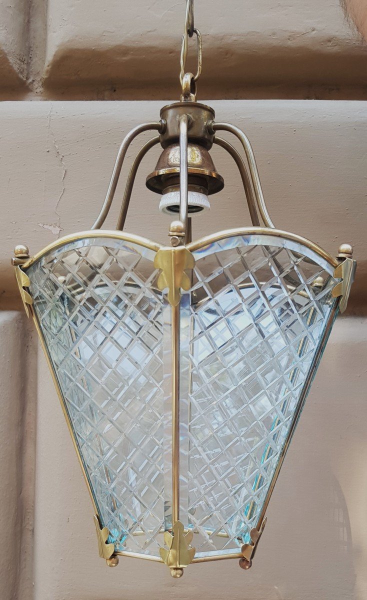 Antica lanterna da ingresso in cristallo e ottone-photo-3