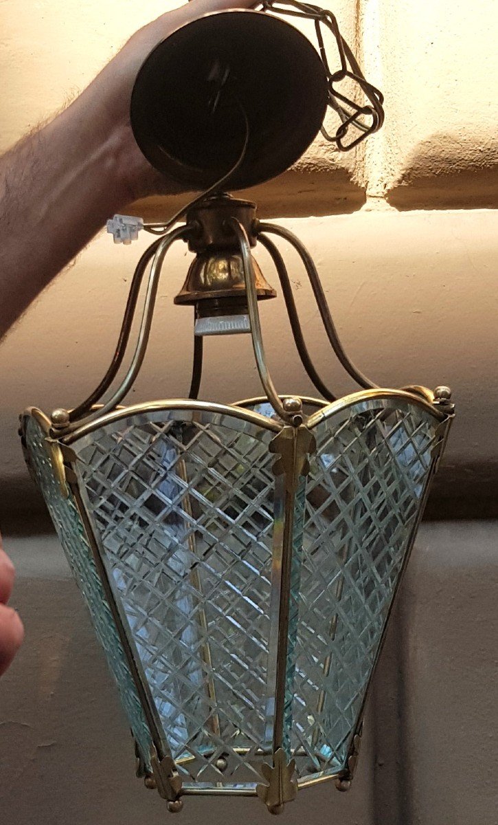 Antica lanterna da ingresso in cristallo e ottone