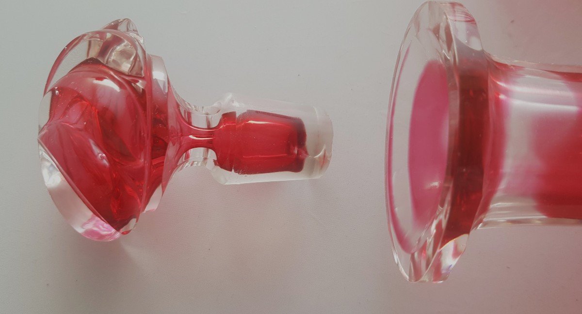 Antica bottiglia e bicchiere abbinato in cristallo di Boemia rosso fragola-photo-4