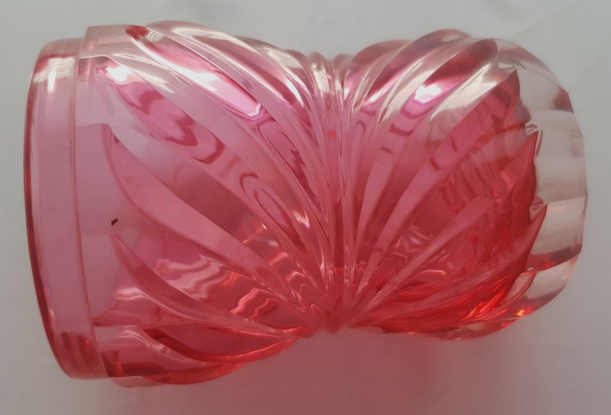 Antica bottiglia e bicchiere abbinato in cristallo di Boemia rosso fragola-photo-4