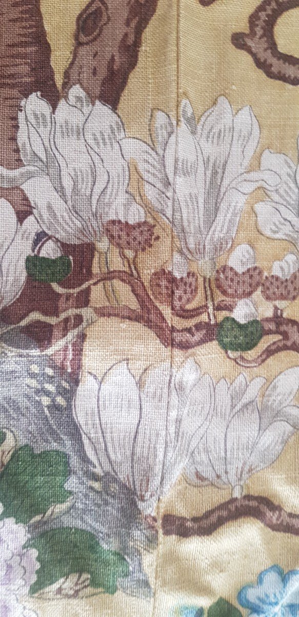 Quattro pannelli di tessuto di lino stampato con  uccelli e magnolie-photo-2