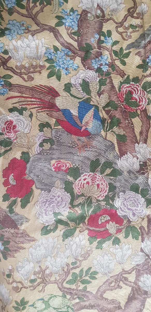 Quattro pannelli di tessuto di lino stampato con  uccelli e magnolie