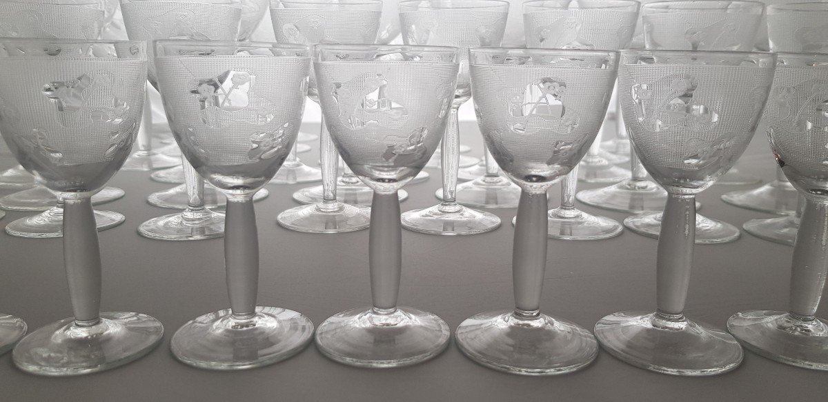 Servizio di 50 bicchieri antichi cristallo serigrafato metà del '900-photo-2
