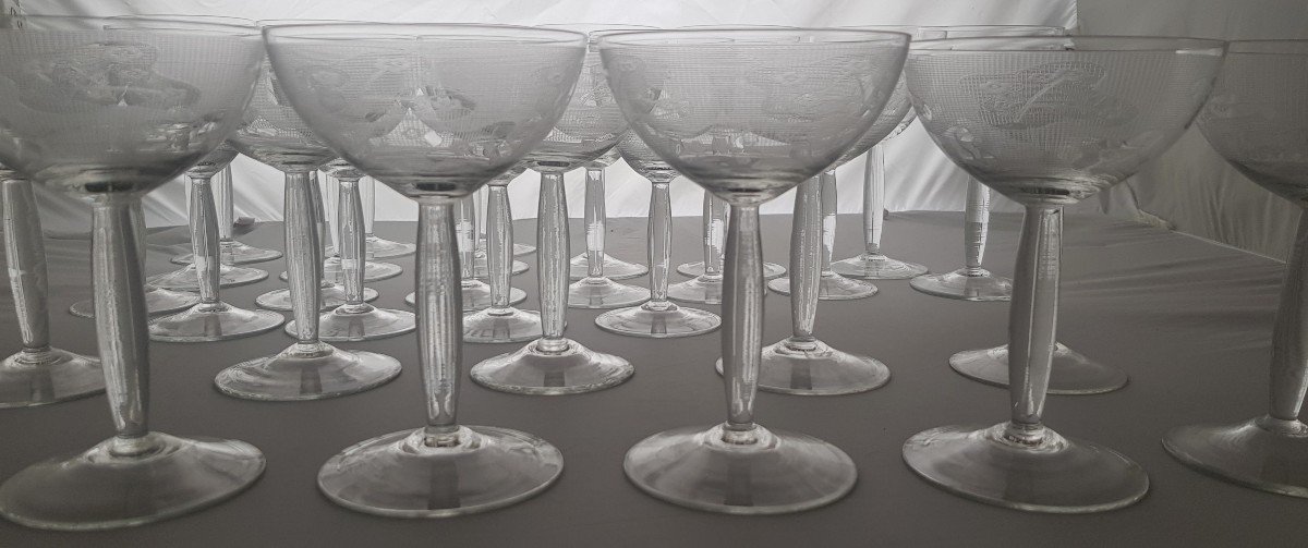 Servizio di 50 bicchieri antichi cristallo serigrafato metà del '900-photo-3