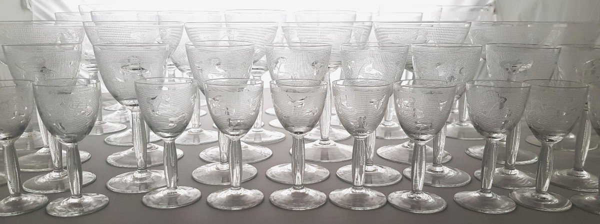 Servizio di 50 bicchieri antichi cristallo serigrafato metà del '900