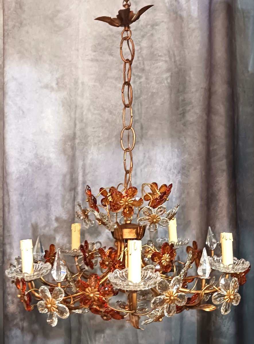  Lampadario fiorentino antico Struttura In Ferro E Fiori In Cristalli Colorati Diametro 65 Cm-photo-2