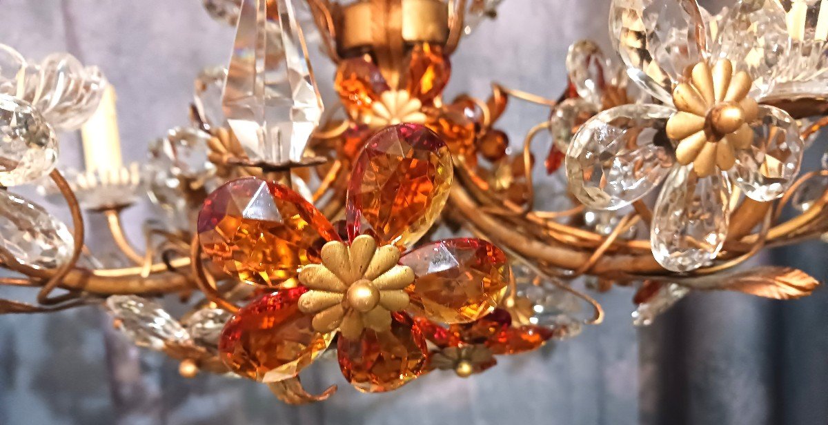  Lampadario fiorentino antico Struttura In Ferro E Fiori In Cristalli Colorati Diametro 65 Cm-photo-1
