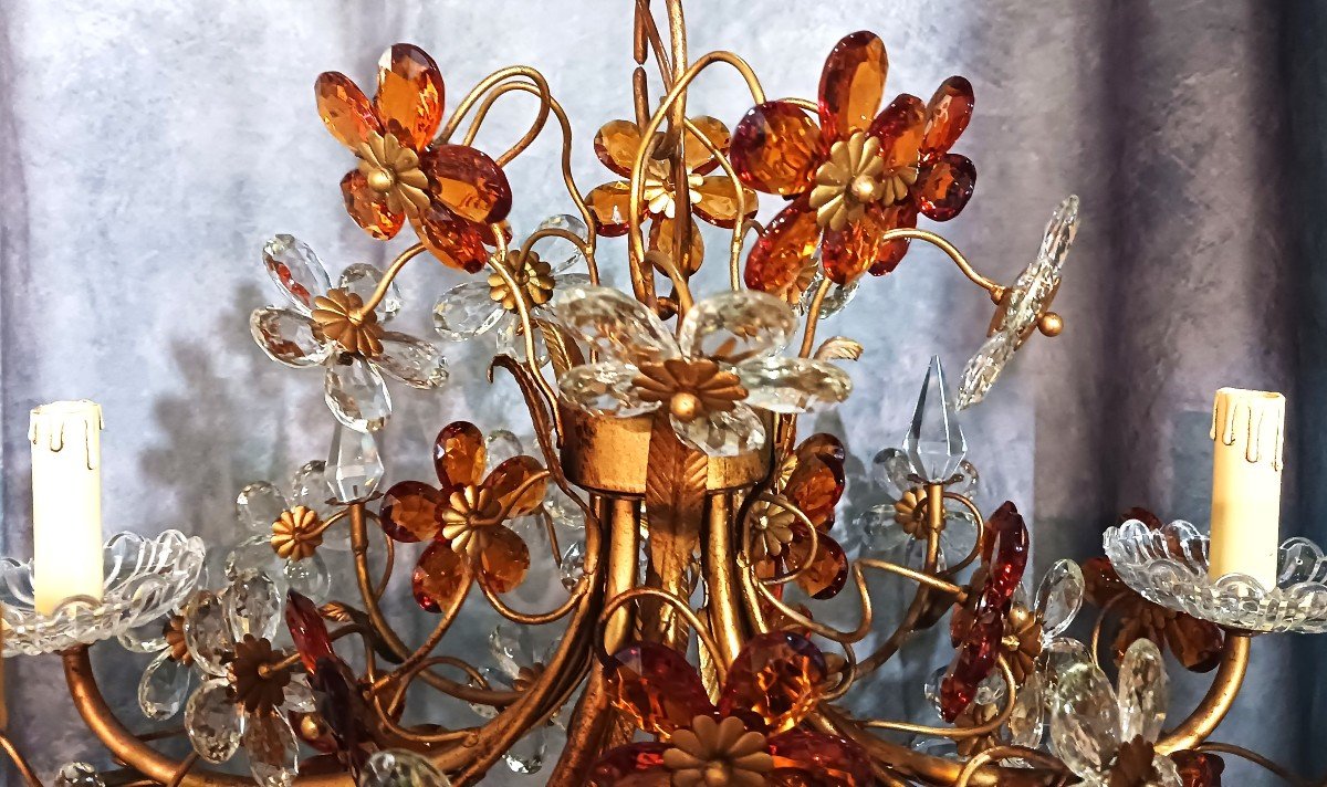  Lampadario fiorentino antico Struttura In Ferro E Fiori In Cristalli Colorati Diametro 65 Cm-photo-3