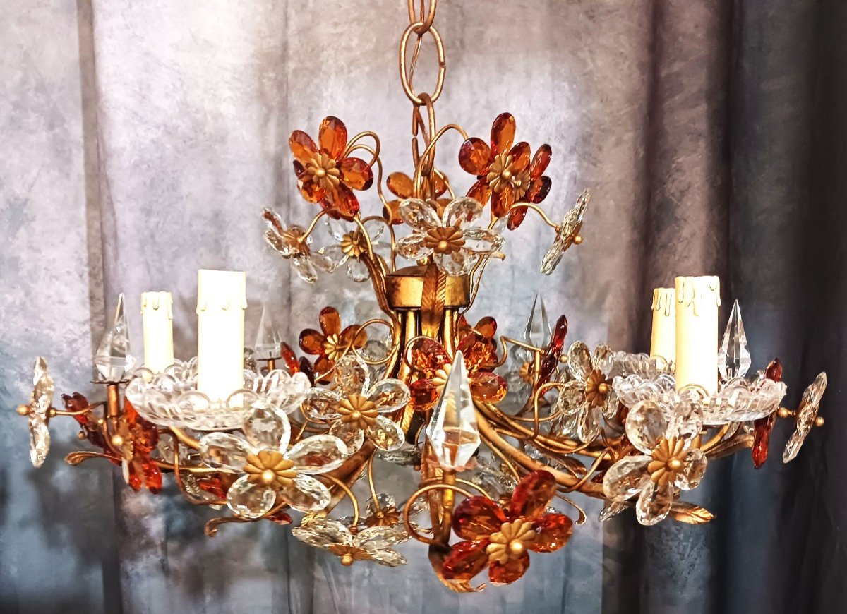  Lampadario fiorentino antico Struttura In Ferro E Fiori In Cristalli Colorati Diametro 65 Cm-photo-4