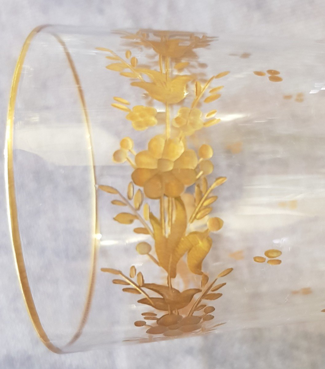 Set di 6 calici flute in cristallo antico inciso e decorato con fiori dorati-photo-2