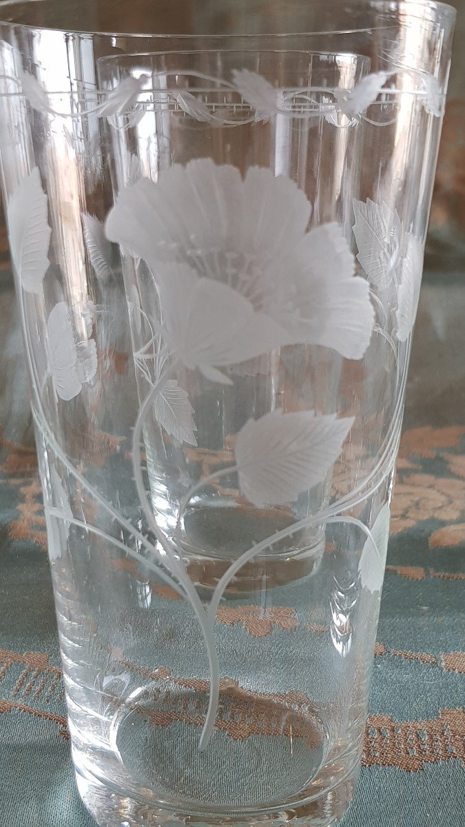 set di 8 antichi bicchieri da bibita Art Nouveau in cristallo inciso con decoro floreale -photo-2