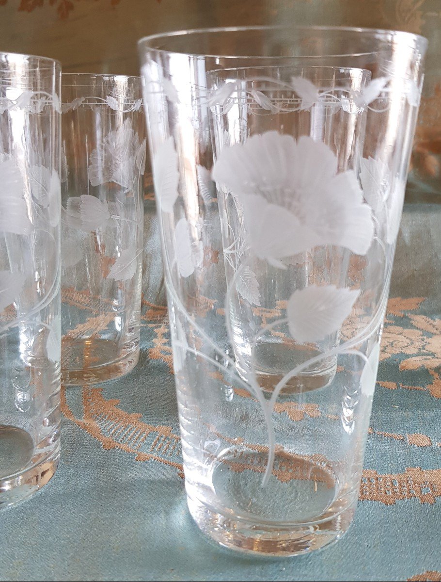 set di 8 antichi bicchieri da bibita Art Nouveau in cristallo inciso con decoro floreale -photo-3