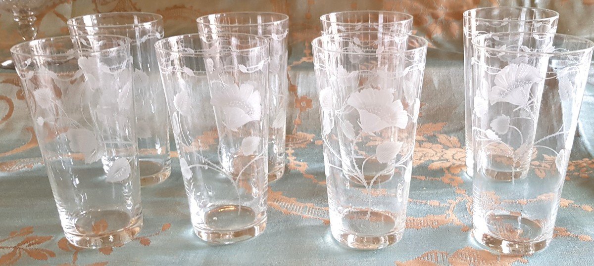 set di 8 antichi bicchieri da bibita Art Nouveau in cristallo inciso con decoro floreale 