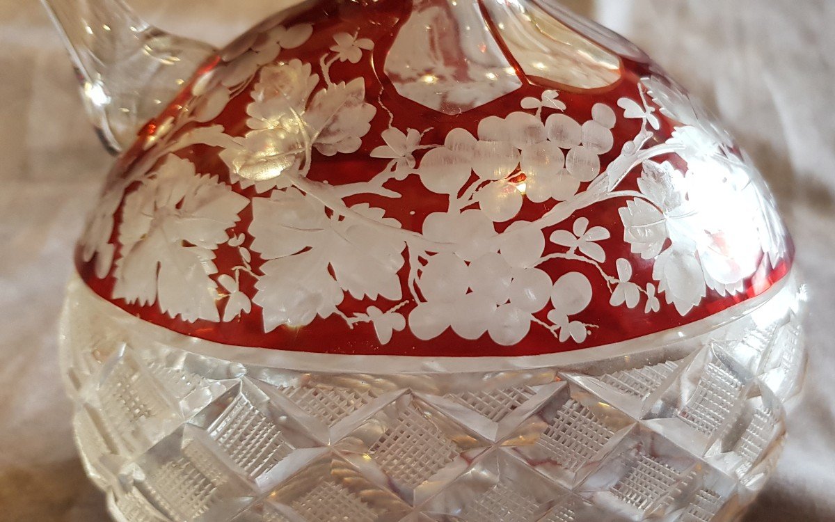Antica bottiglietta in cristallo di Boemia con decorazione uva rossa molata e incisa-photo-4
