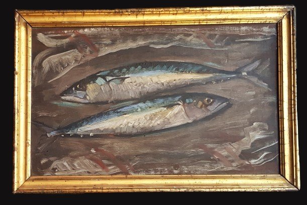 natura morta con pesci olio su tavola inizio XX secolo