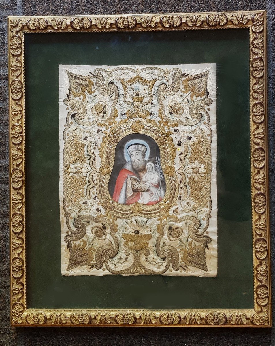 Quadro San Gioacchino e la Vergine gouache e ricamo '700-photo-2