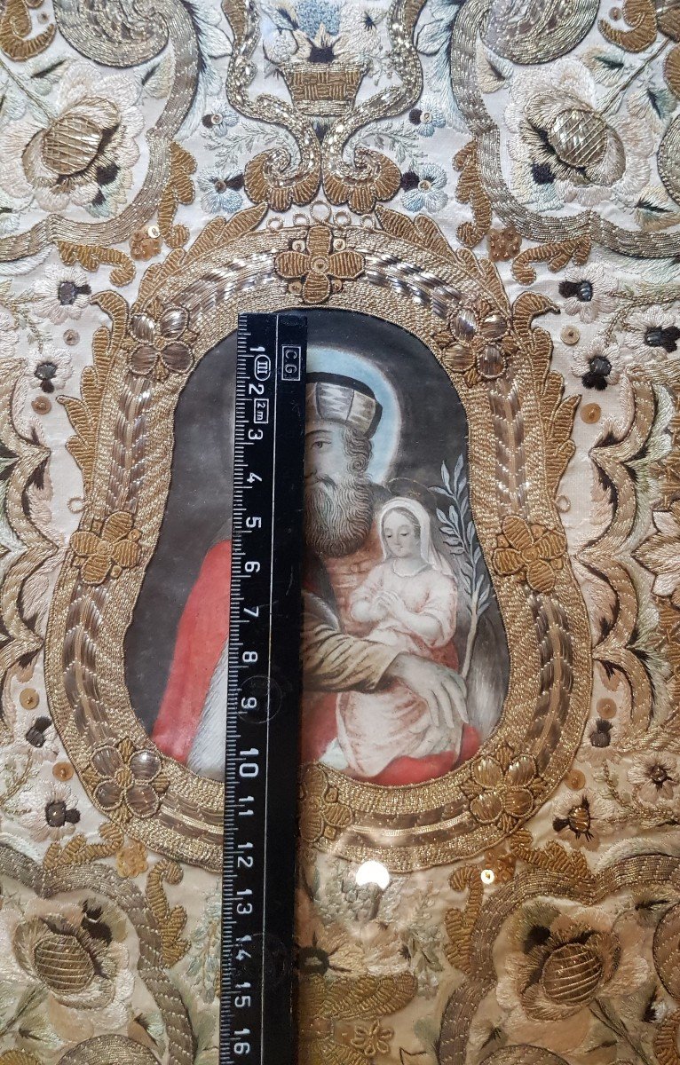Quadro San Gioacchino e la Vergine gouache e ricamo '700-photo-1